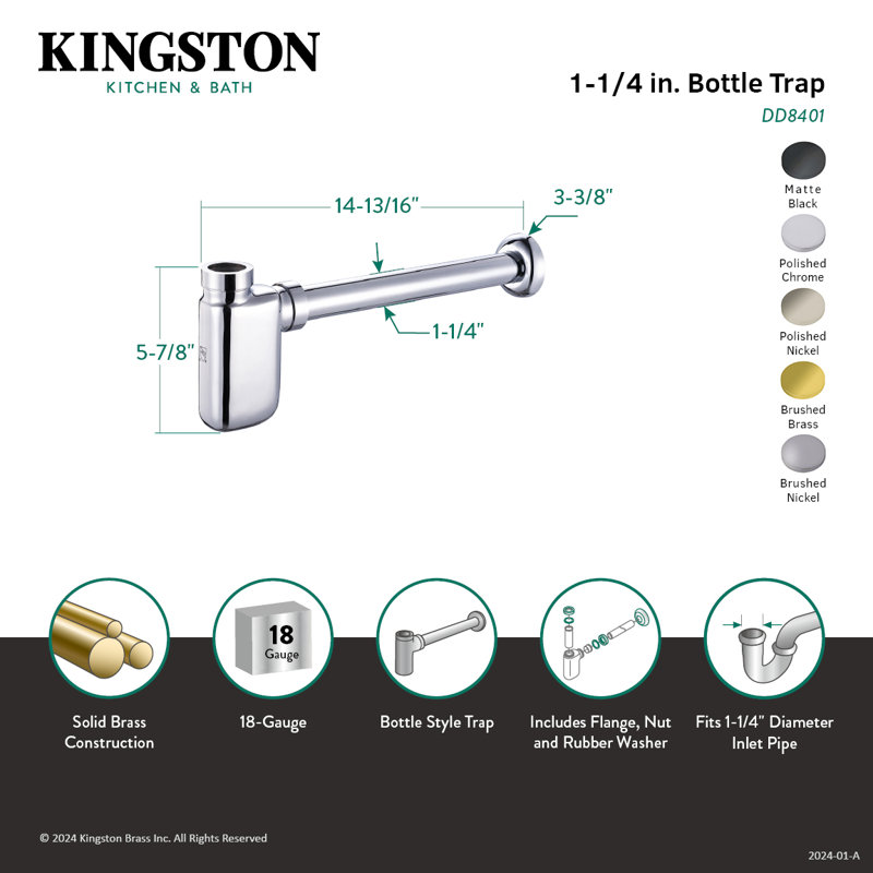 Kingston Brass Trimscape 1-1/4 Inch O.D. Brass Oval Bottle Trap, Polished Nickel