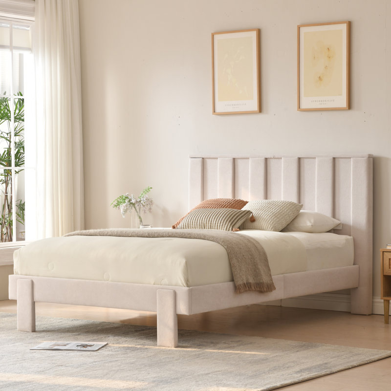 Modern Velvet Upholstered Platform Bed Frame with High Headboard, Vertical Channel Tufted Slatted Base, No Box Spring Required