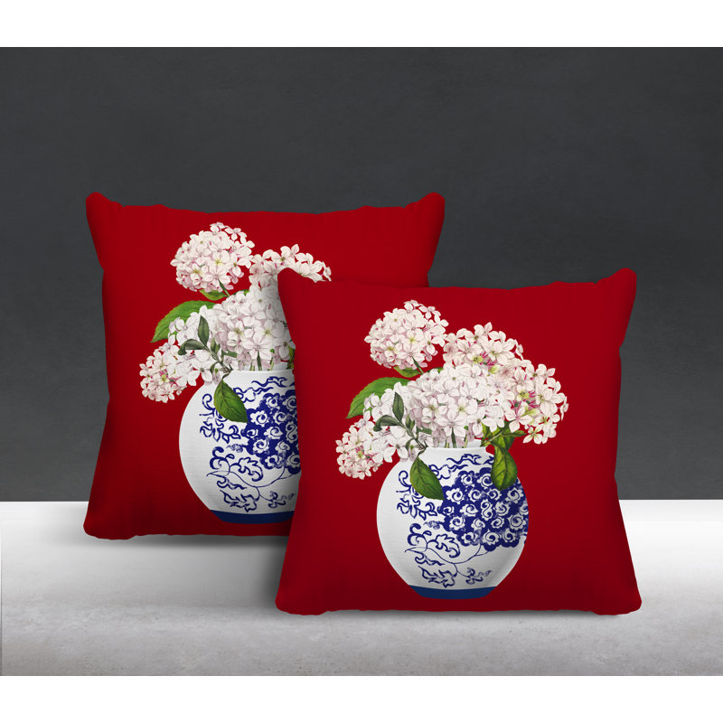  Coussin décoratif intérieur / extérieur floral, L 15 po x H 15 po, Rouge