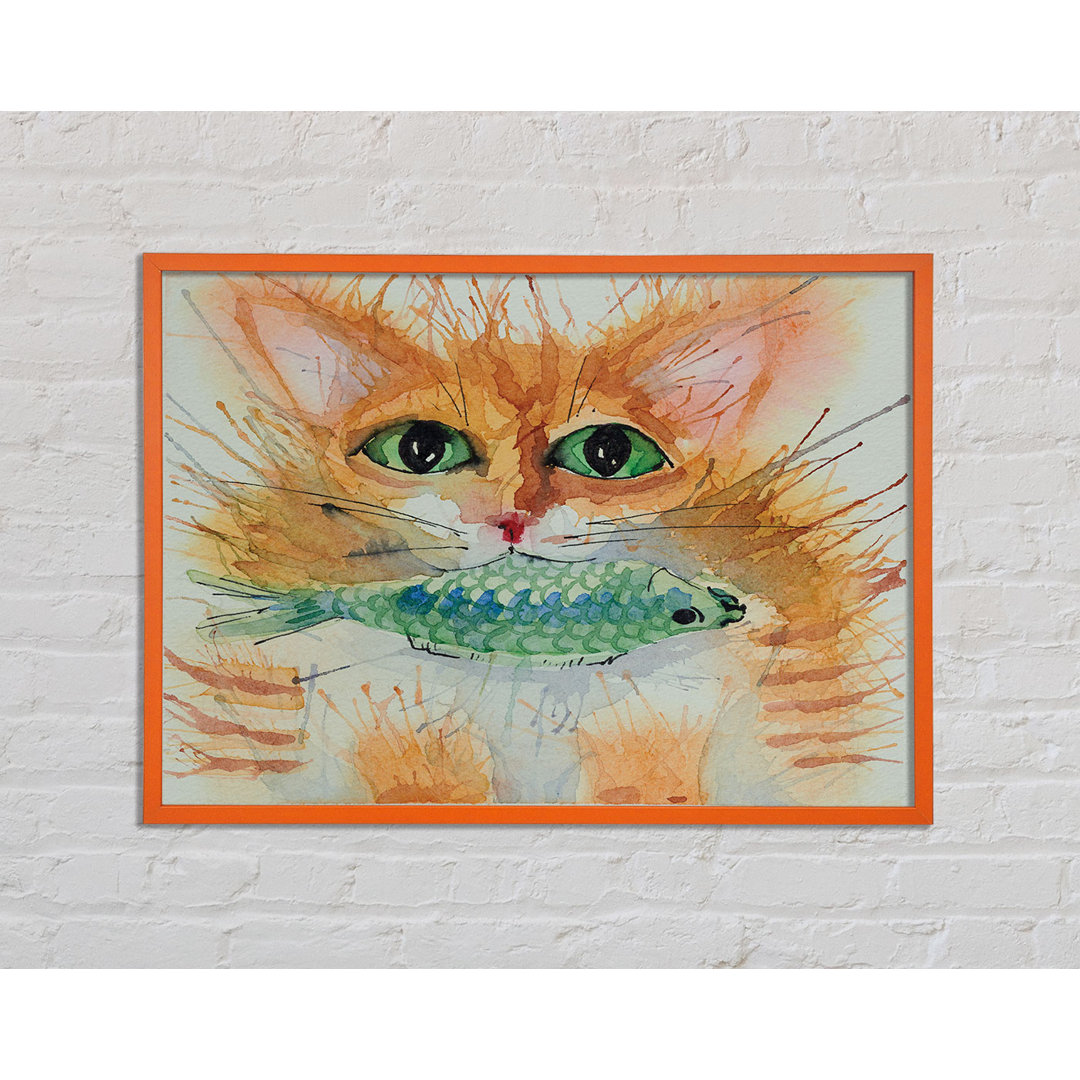 Aquarell Katze mit Fisch - Einzelner Bilderrahmen Kunstdrucke