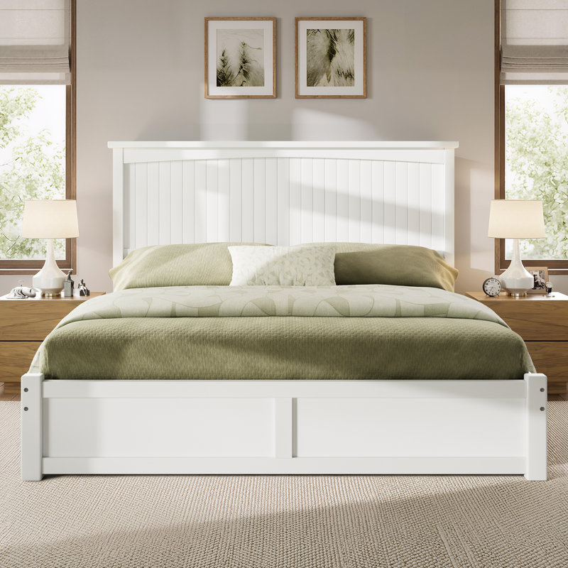 Lit double en bois massif avec 2 tiroirs de rangement Adainville, Double, Blanc