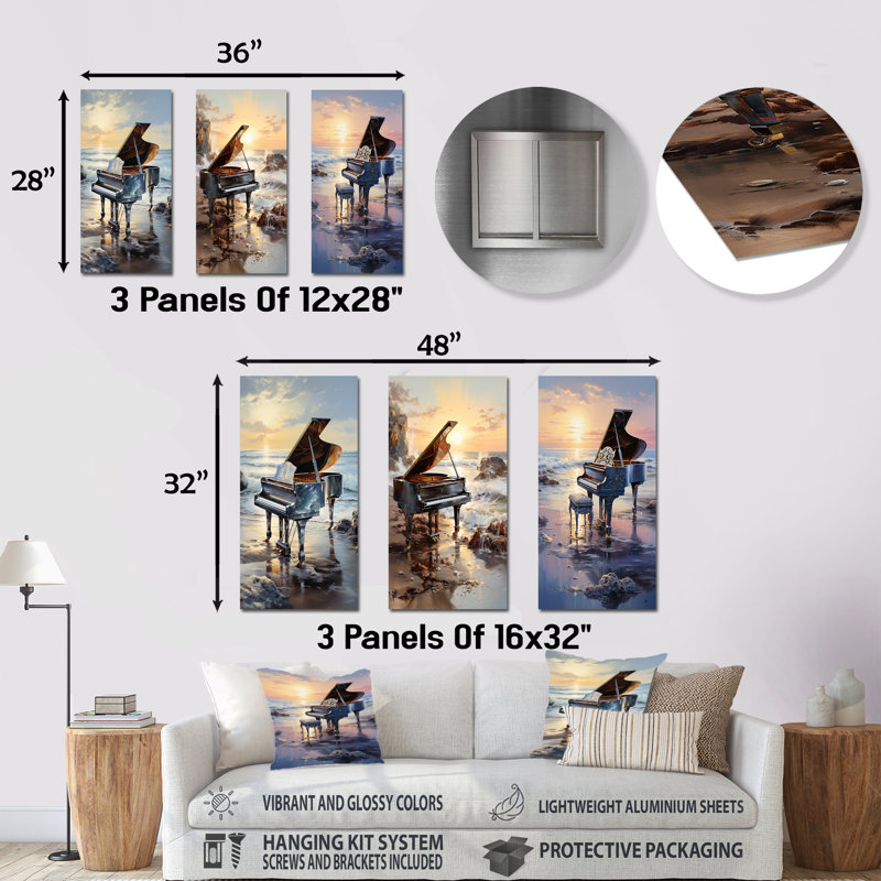 Piano Oceans Orchestra - Music Piano Metal Wall Art Living Room Set Of 3, H 28 po x l 36 po