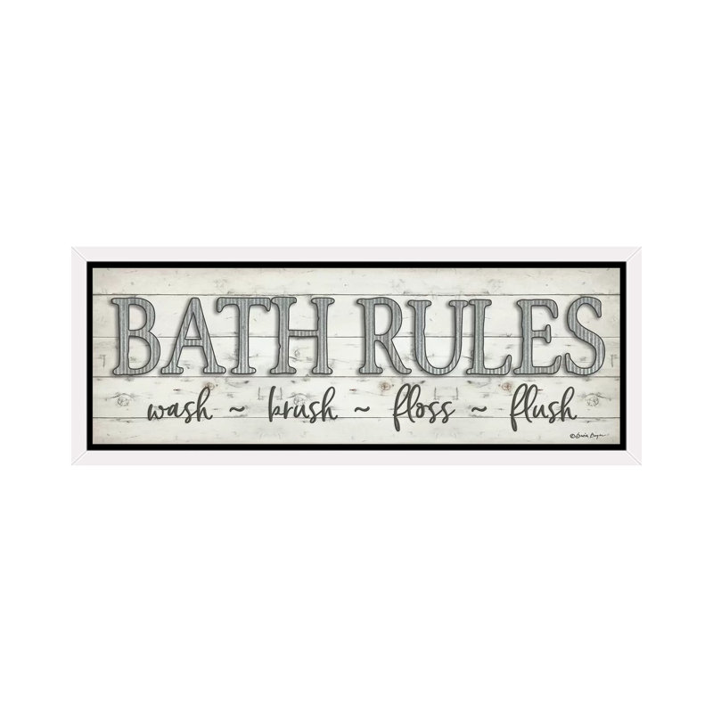 «Bath Rules» par Susie Boyer - reproduction d'art textuel, H 20 po x l 60 po x P 1,5 po, Cadre flottant blanc