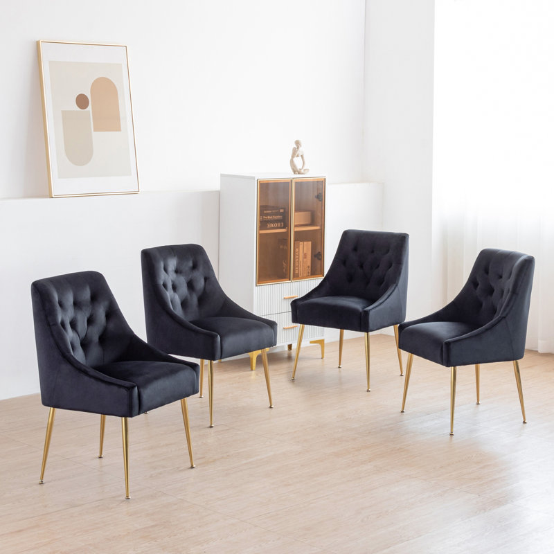 Chaises de salle à manger modernes, chaises de salle à manger rembourrées en velours avec pieds dorés, ensemble de 4 chaises d'appoint capitonnées pour le salon de la salle d'étude (noir)