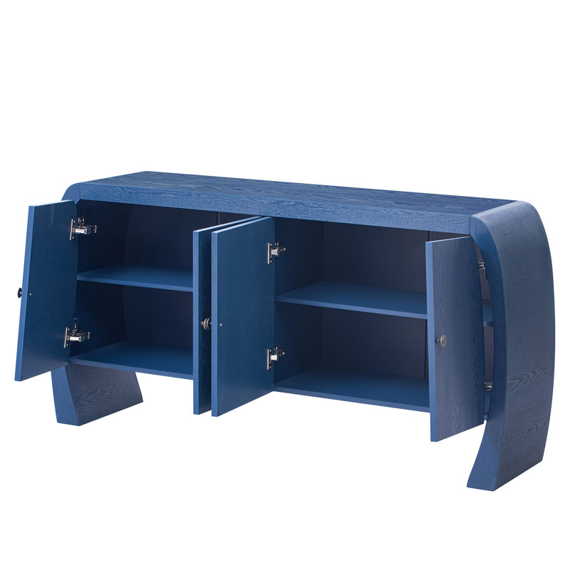 En placage de bois et frêne avec tablettes intégrées de couleur bleu marine, base à pieds courbés pour usage résidentiel