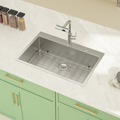 33'' L x 22'' W Stainless Steel Drop-In Single Bowl Kitchen Sink with Sink Grid, Strainer and Roll-up Rack