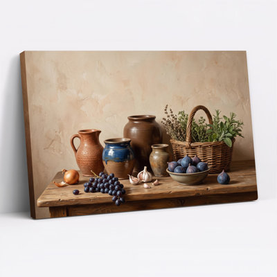 Rustic Pottery and Purple Figs on Wooden Table Canvas Wall Art