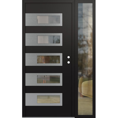 D3 à gauche 50 po X 80 po Panneau en acier argenté et verre transparent noir et noir avec porte d'entrée avant en verre transparent Sidelite