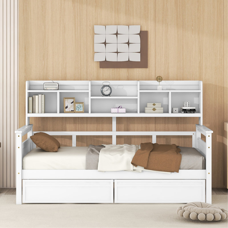 Lit de jour, support en lattes de bois, avec tablettes de chevet et deux tiroirs