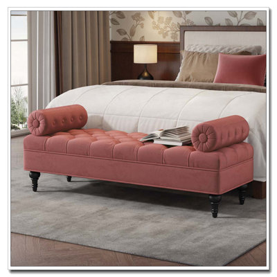 Bedroom Bench,Bench for End of Bed,Velvet Upholstered Bench with 2 Detachable Pillows,Comfy Upholstered Footstool,Ottoman for Bedroom,Living Room, Entryway