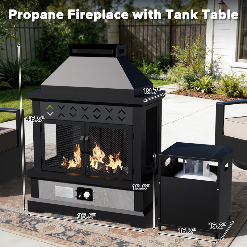 Abdullah 5-Piece Outdoor Aluminum Patio Conversation Set with Fire Pit,Gas Cylinder Rack,Swivel Chairs,Sofa and Beige Cushions