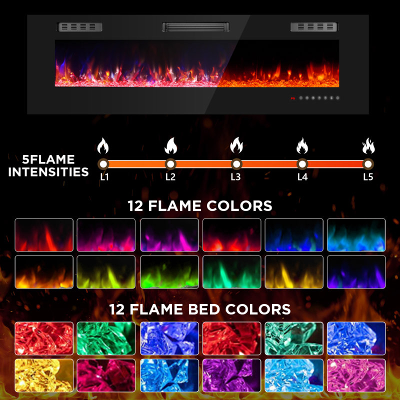 60" Electric Fireplace with 12 Color Flame - Recessed/Wall Mount, Remote Control, 18.11" H x 60" W x 4.17" D