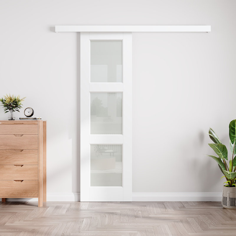 Porte de grange coulissante en verre givré 3-Lite Hidden Style, 24 po x 80 po, Standard, Frosted Glass
