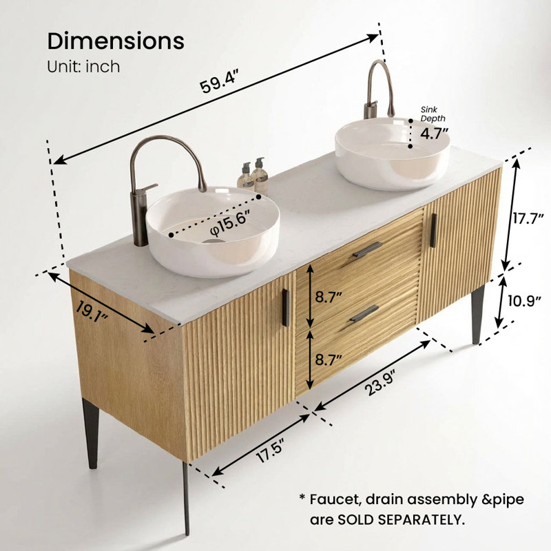 60" Double Bathroom Vanity with Engineered Stone Top & Ceramic Vessel Sinks