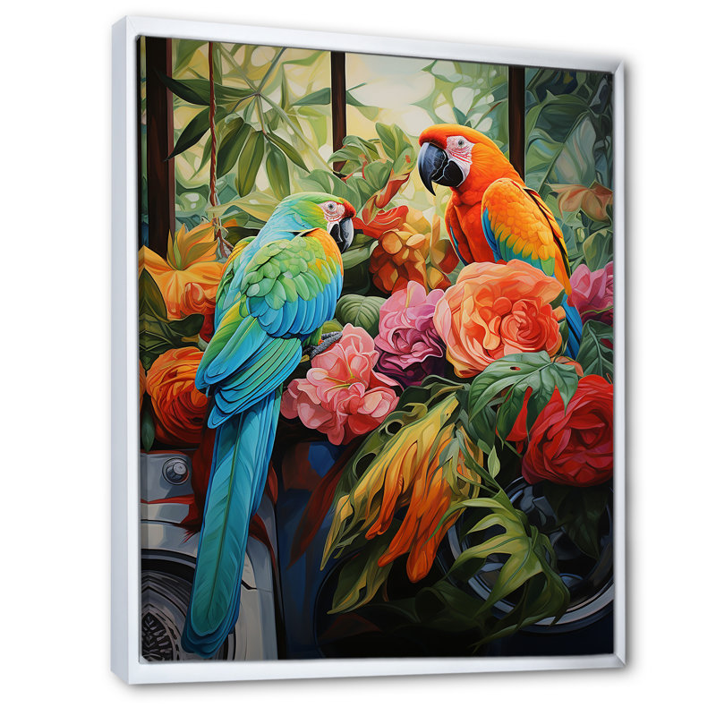 «Blue Parrot Jungle Paradise» - art mural perroquet, Cadre flottant blanc, H 32 po x l 16 po x P 1 po