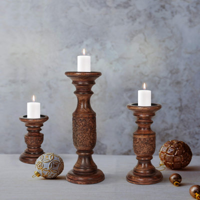 Ensemble de 3 porte-bougies en bois sculptés à la main - Finition brun foncé