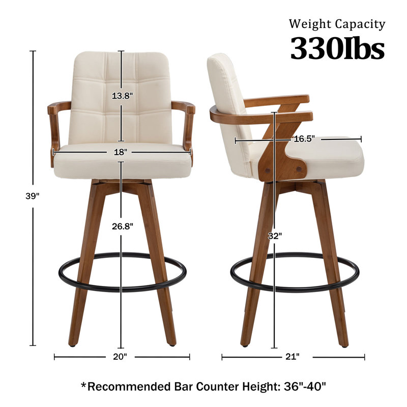 27'' H Swivel Faux Leather Upholstered Counter Stools, Cream Beige