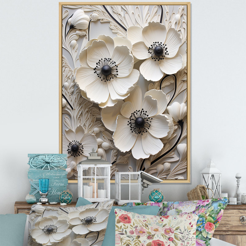 Décoration murale blanche renoncules blancs sur beige II - renoncules, Cadre naturel flottant, H 20 po x l 12 po x P 1 po
