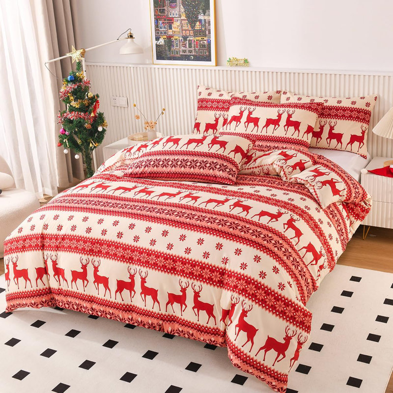 Ensemble de housse de couette de Noël imprimé flocon de neige renne, Housse de couette pour grand lit et 2 taies décor