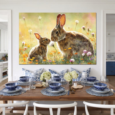 Reproduction d'art de lapin de Pâques au printemps, décoration murale de lapin de Pâques au printemps, décorations murales de fleurs de lapin et de printemps, impressions de Pâques pour le salon, la chambre à coucher, la chambre d'enfant, la chambre de bébé prête à être suspendue 24 po x 32 po