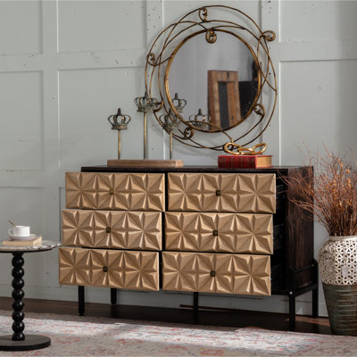 Mid-Century Modern, 48,67 po, buffet à 6 tiroirs, losange géométrique 3D, commode, console à pieds en métal noir