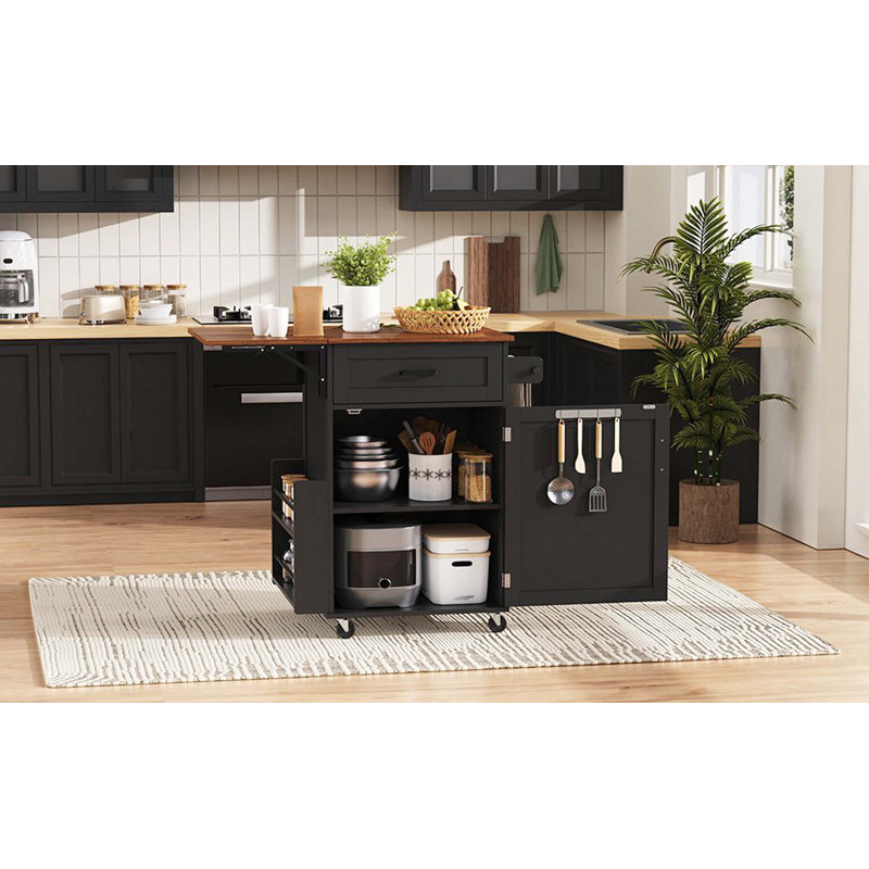 Îlot de cuisine 39,3 po noir avec abattant, îlot de rangement avec support latéral ouvert, 1 tiroir et porte-serviettes, chariot roulant avec roues verrouillables pour la pelouse et le jardin
