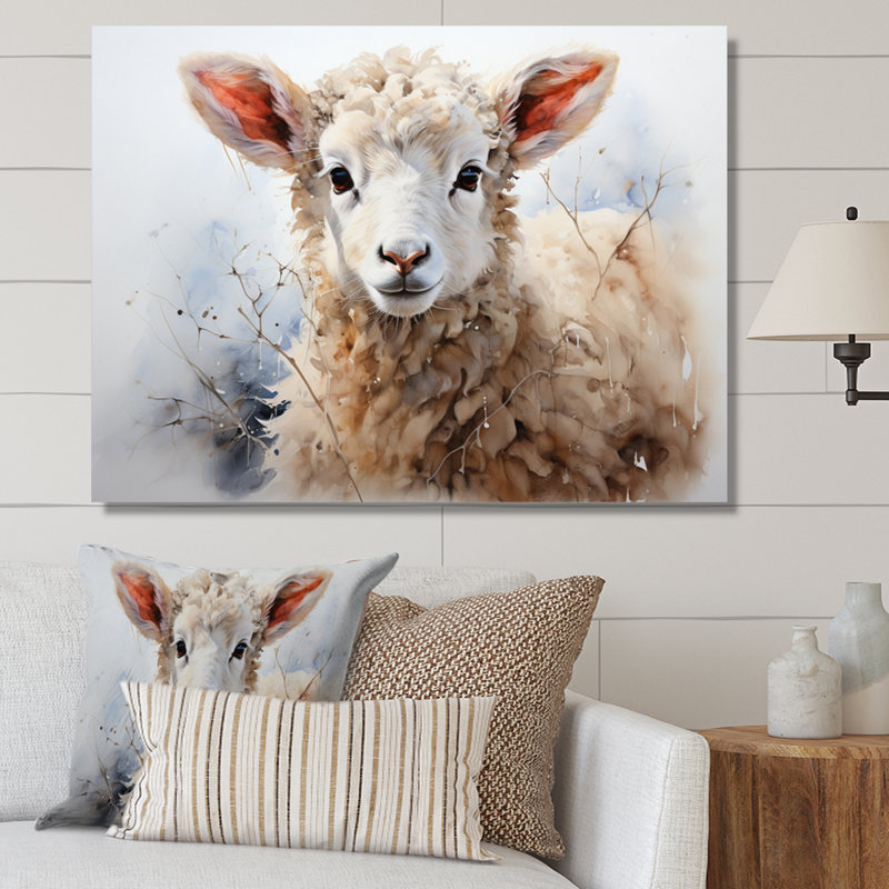 Mouton beige en hiver sur toile, H 30 po x l 40 po x P 1,5 po, Toile tendue