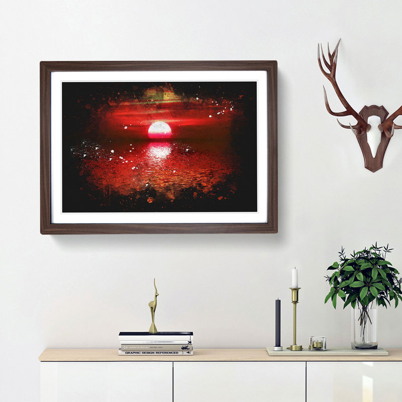 Red And Orange Sunset Above The Sea - Single Picture Frame Print on MDF, Walnut Framed, 62cm H x 87cm W x 2cm D