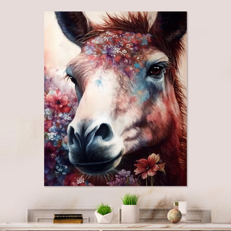 Wakina, Wakina, brun, portrait, âne, fleurs, III, métal, impression, H 40 po x l 30 po x P 1 po