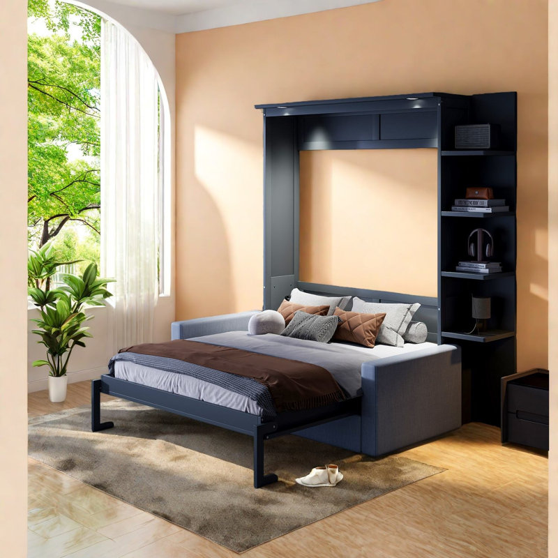 Lit escamotable gris avec canapé, peu encombrant, de conception moderne, pour une utilisation multifonctionnelle