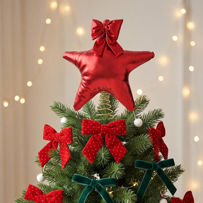Christmas Tree Topper Star Bow With Metal Spring Base Shiny Fabric Xmas Tree Top Ornament For Festival Home Party Decoration