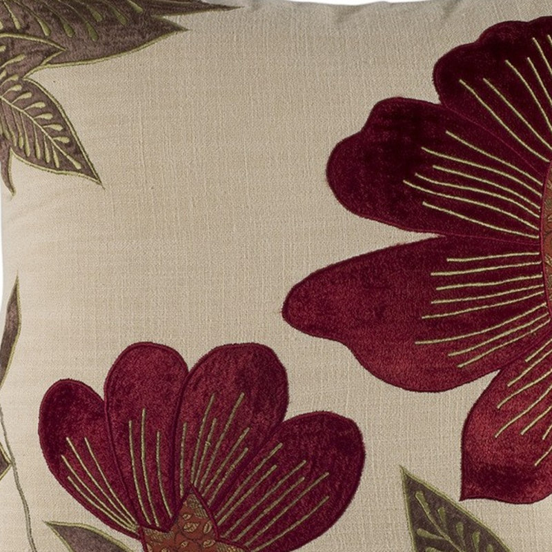 Beige and Red Floral Embroidered Cotton Velvet Pillow 18"