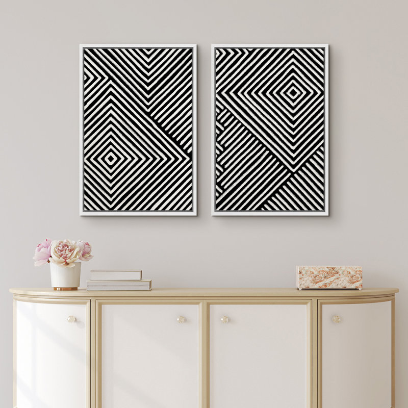Black and White Geometric Abstract Canvas Print Set with White Frame