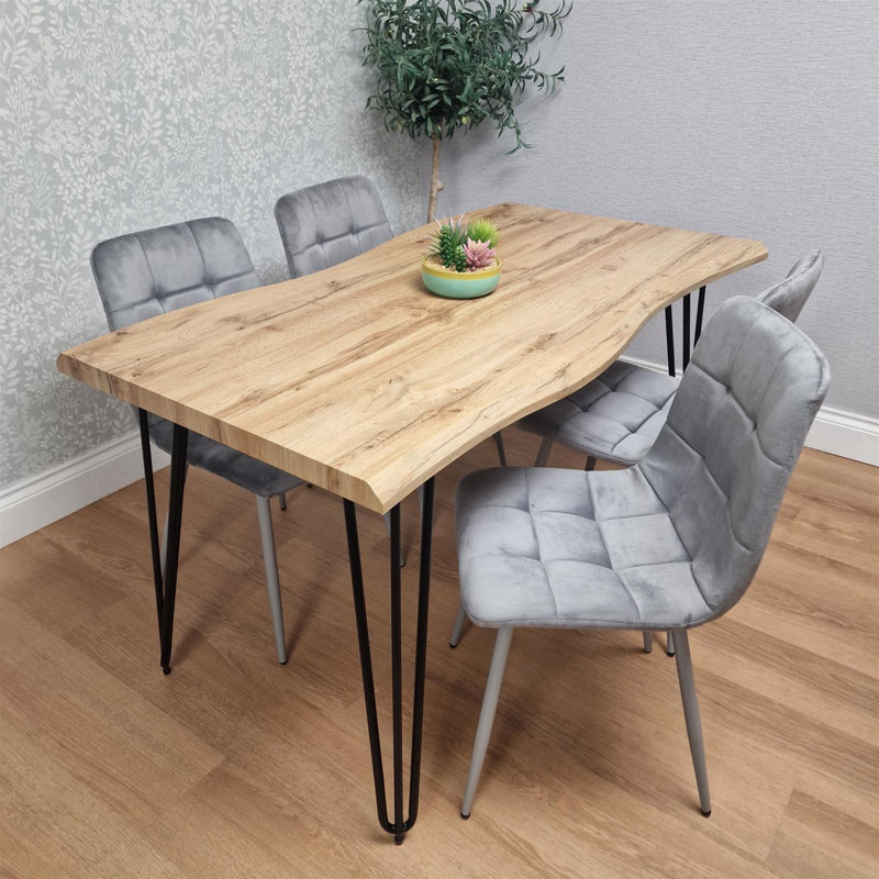 Wooden Dining Table and 4 Velvet Chairs - Stylish Dining Room Furniture, Grey, 75cm H x 140cm W x 80cm D