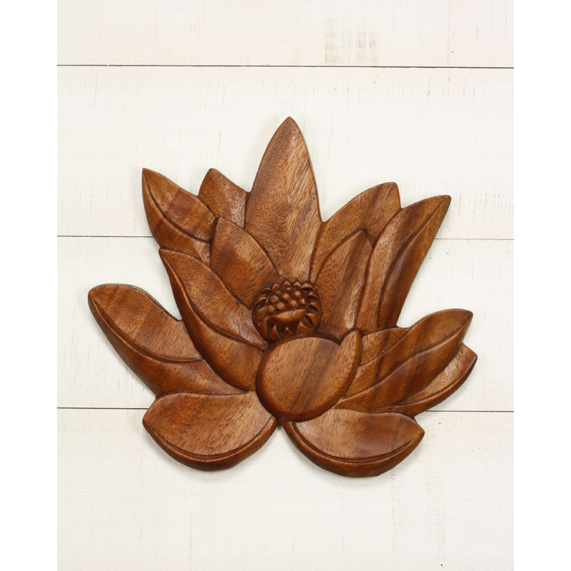 Panneau mural en bois 11 po Lotus - art floral décoratif sculpté à la main, nature zen