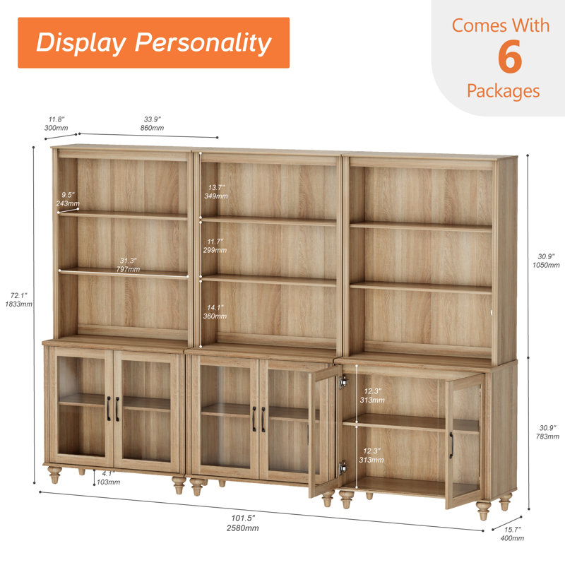 Scarlett 72.1"H X 101.6"W Bookcase With Doors Set Of 3, 5 Tier Bookshelf, Tall Book Case Shelf With Glass Storage Cabinets, Large Wood Bookcases Farmhouse Bookshelves For Living Room Bedroom Home Office Kitchen