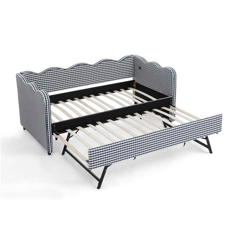 Cozy Gingham Daybed With Trundle  Sofa Bed No Box Spring Needed, Navy