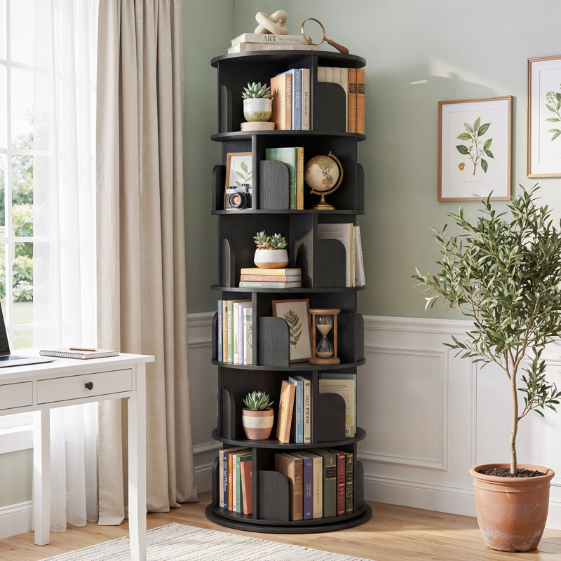6Tier Rotating Bookshelf, 360° Rotating Bookcase For Small Space, Corner Bookcase For Bedroom, Living Room, Study Room, Black