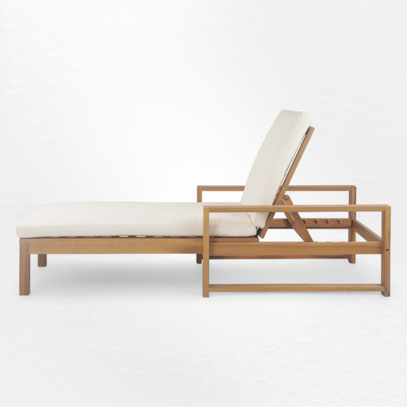 Outdoor Solid Wood Chaise Lounge With Cushion, Light Teak