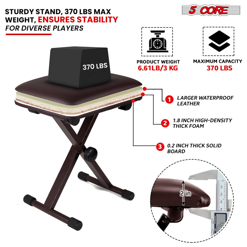 5 Core Keyboard Bench X-Style Height Adjustable from 16.3-19.6in KBB 02 WH Clebert, Brown