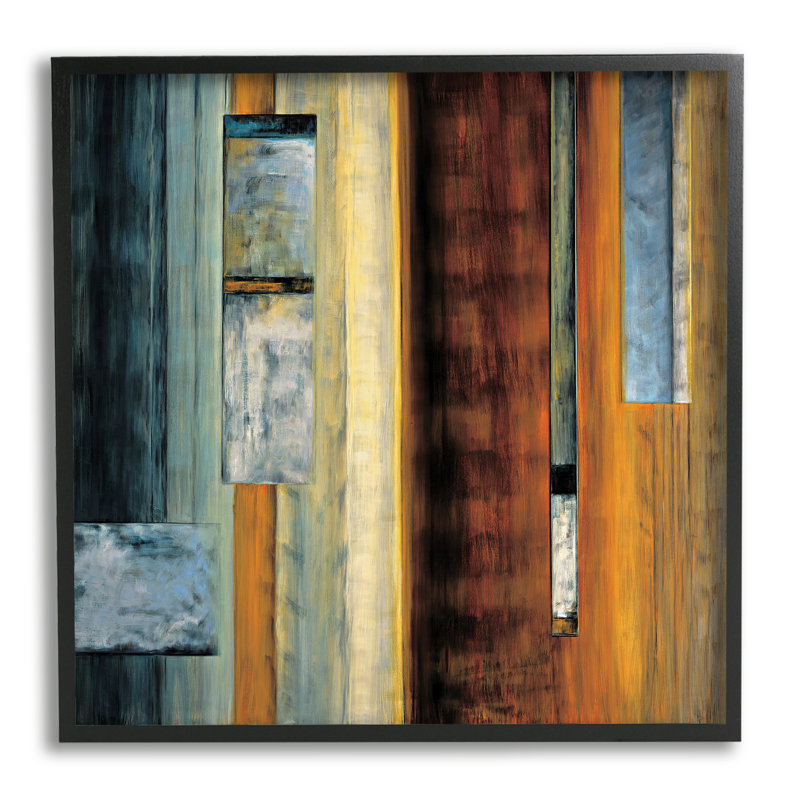 «Rustic Abstraction», brun, orange, bleu, impression, H 24 po x l 24 po, Cadre noir