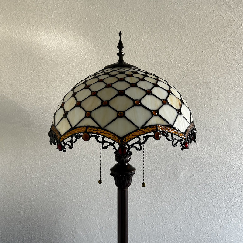 Shella Tiffany Floor Lamp Beige Stained Glass Crystal Beans Metal Base LED Bulbs Included 16"W*16"D*64"H