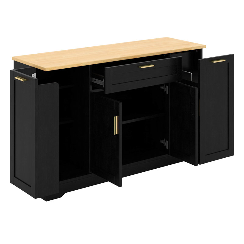Îlot de cuisine avec tiroir, buffet avec support coulissant à 3 niveaux, armoire de rangement avec tablettes réglables et tablette de porte