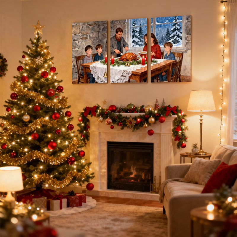 Ensemble de 3 reproductions d'art sur toile, "Christmas Family Gathering Around" avec dinde, H 30 po x l 60 po