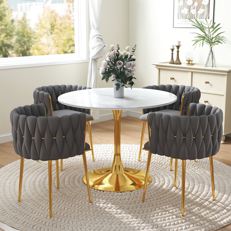 Ensemble de salle à manger à piédestal rond avec chaise tissée, Gris