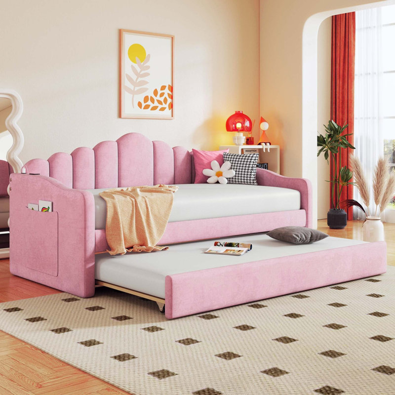 Lit de jour simple rembourré avec couchette, Rose