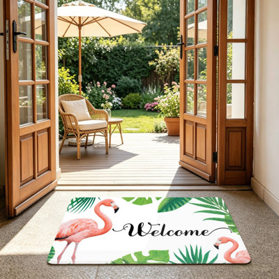 Tapis d'entrée 24 po x 36 po «Welcome» Flamingo and Palms