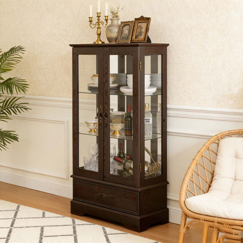 Vitrine lumineuse en verre avec tablettes réglables, Cerisier