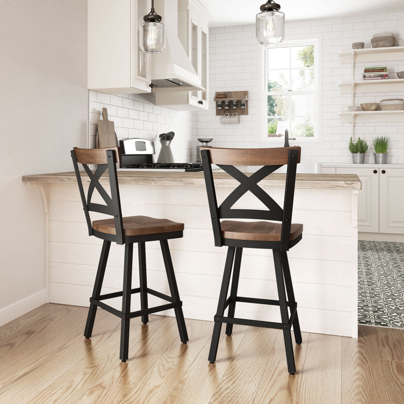 Kirsten Solid Wood Seat Swivel Counter & Bar Stool, Counter Stool (25.3" Seat Height), Brown Wood/Black Frame
