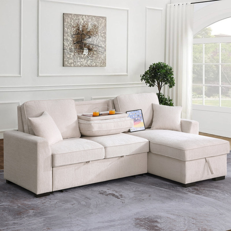 Elfrieda Boneless 92" W Reversible Sleeper Sectional with Storage, Beige Chenille 